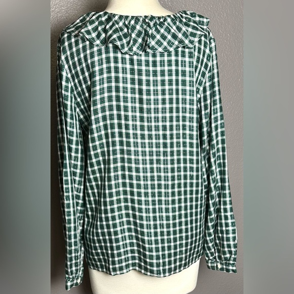 Ann Taylor Blouse Women’s M Green White Metallic Plaid Ruffle Flowy Classic Boho - Picture 2 of 9